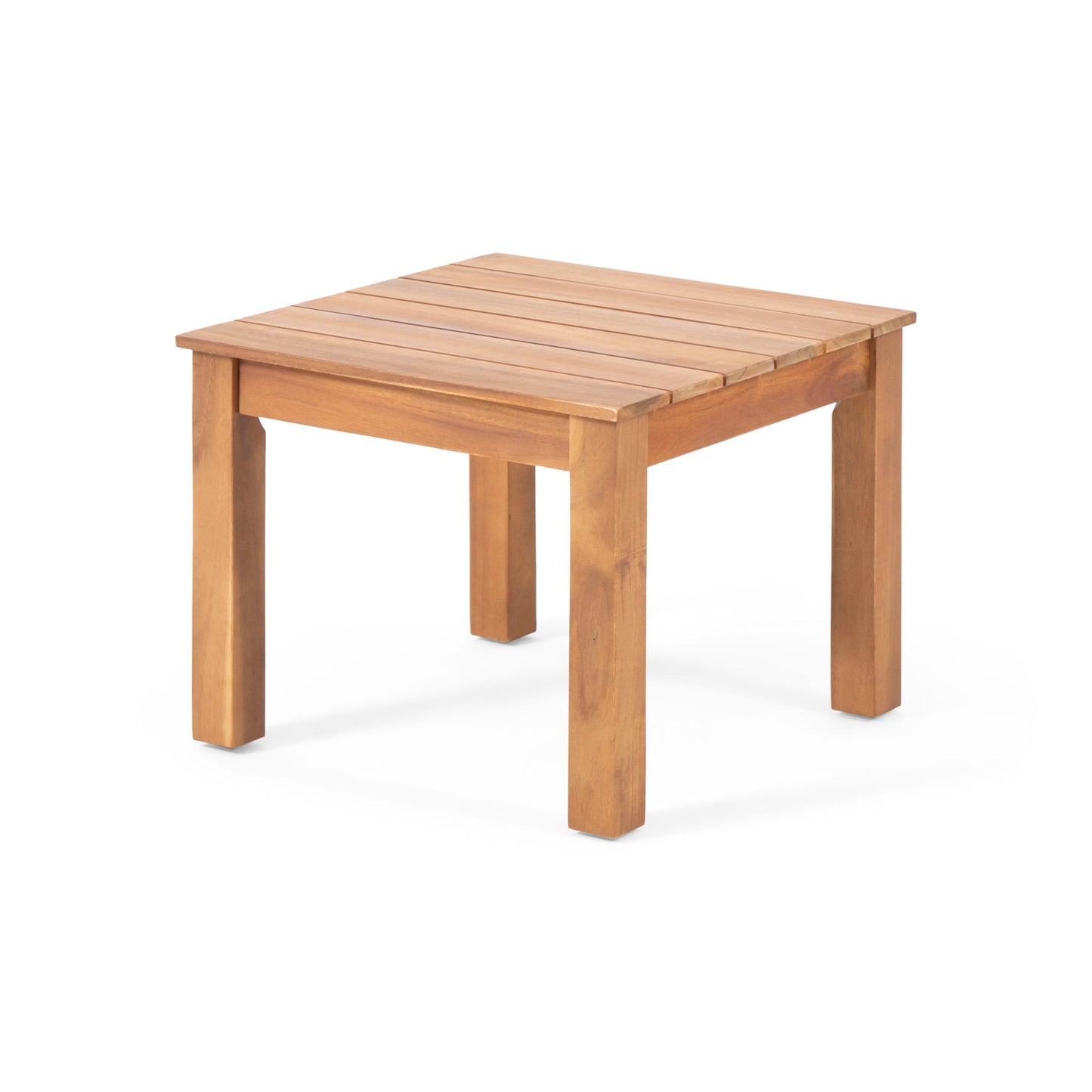 The Halcyon Outdoor Side Table features a square wooden slat design top and four sturdy legs, displayed against a plain white background.