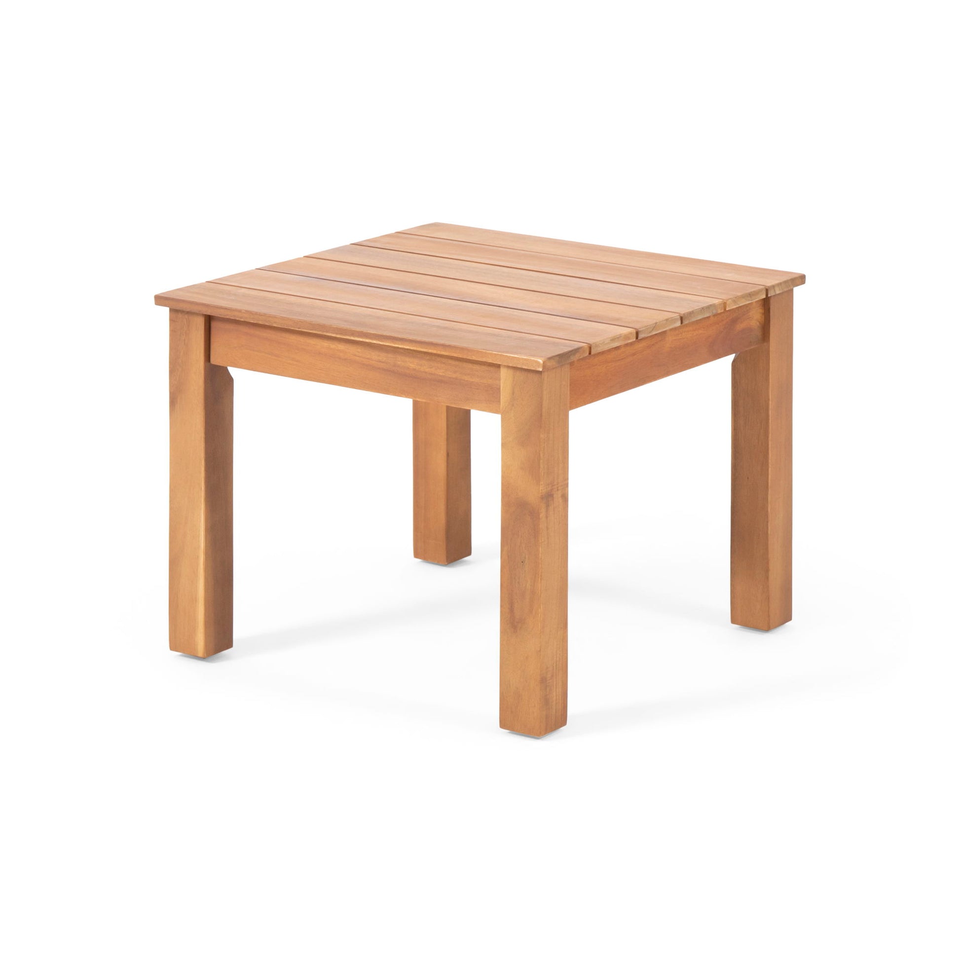 The Halcyon Outdoor Side Table features a square wooden slat design top and four sturdy legs, displayed against a plain white background.