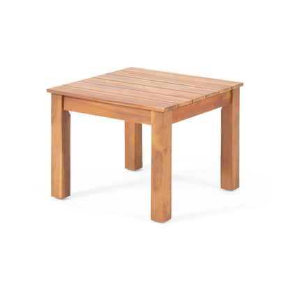 The Halcyon Outdoor Side Table features a square wooden slat design top and four sturdy legs, displayed against a plain white background.