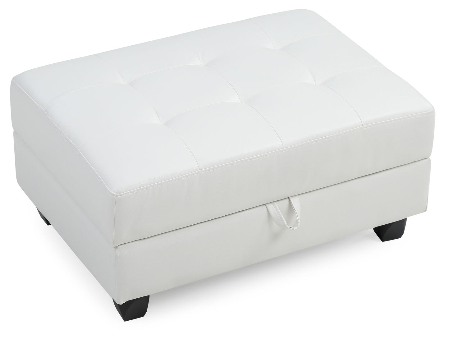 The Stylish Storage Contemporary Ottoman is a rectangular, white tufted piece with short black legs, a small fabric handle on one side, smooth upholstered surface, and subtle top stitching.