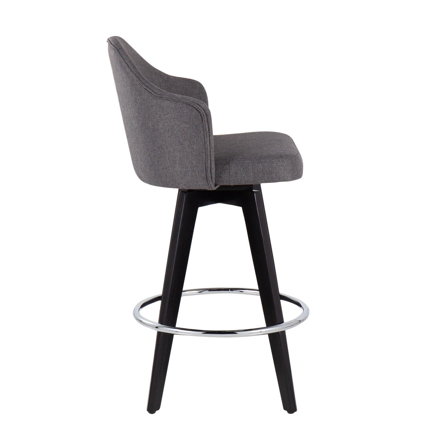 The Ahoy Contemporary Fixed Height Counter Stool (Set of 2) features gray upholstery, a curved backrest, black wooden legs, and a round chrome footrest, shown side-on against a white background.