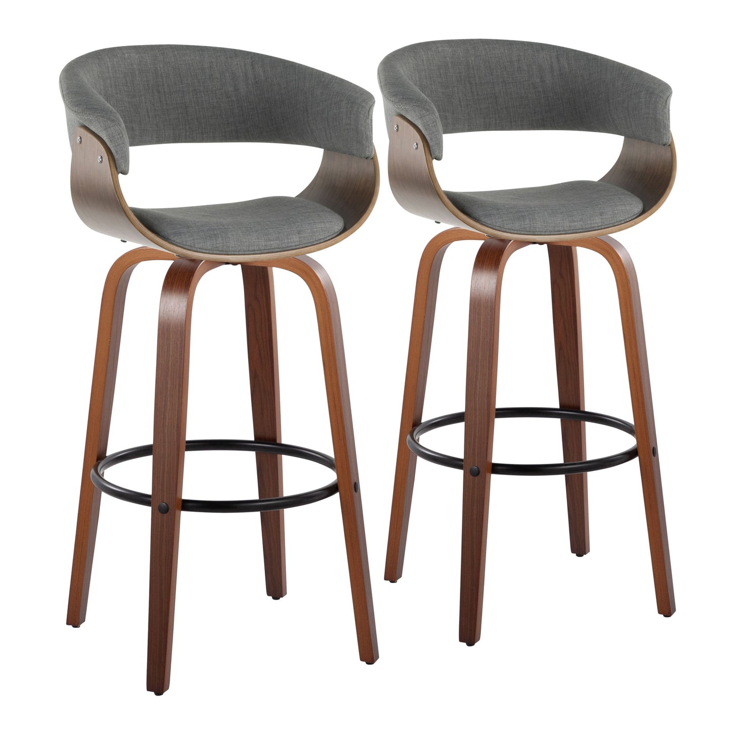 The Vintage Mod Mid Century Modern Barstool set includes 2 sleek stools with curved wooden legs, gray upholstered seats and backs, and black round metal footrests. The fixed-height stools also feature a stylish swivel design.