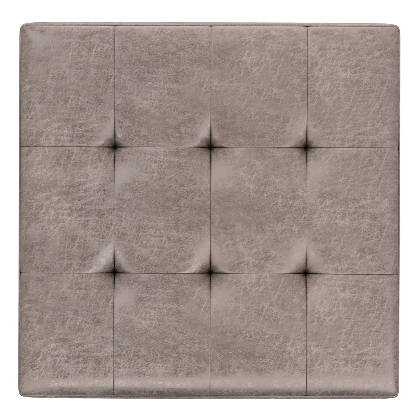 Shay - Large Square Coffee Table Storage Ottoman in light brown tufted leather, featuring nine stitched sections and a subtle texture, viewed from above on a white background. Mid-century style.