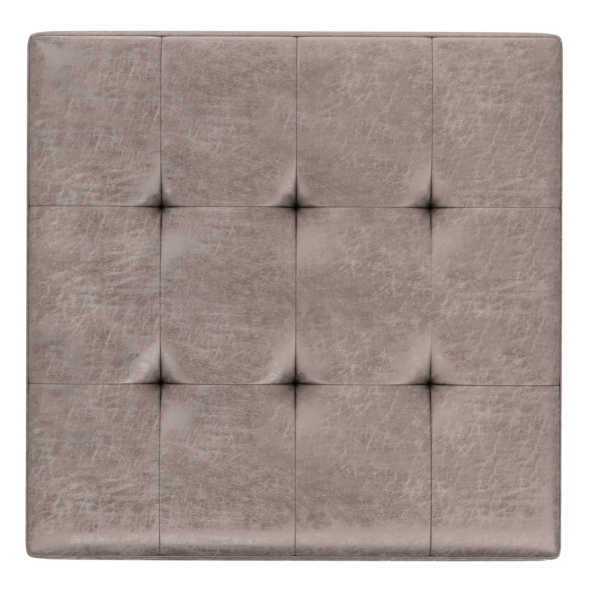 Shay - Large Square Coffee Table Storage Ottoman in light brown tufted leather, featuring nine stitched sections and a subtle texture, viewed from above on a white background. Mid-century style.