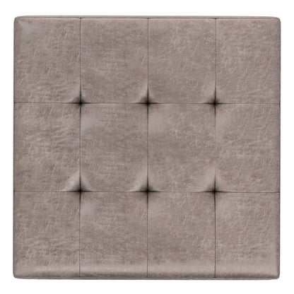 Shay - Large Square Coffee Table Storage Ottoman in light brown tufted leather, featuring nine stitched sections and a subtle texture, viewed from above on a white background. Mid-century style.