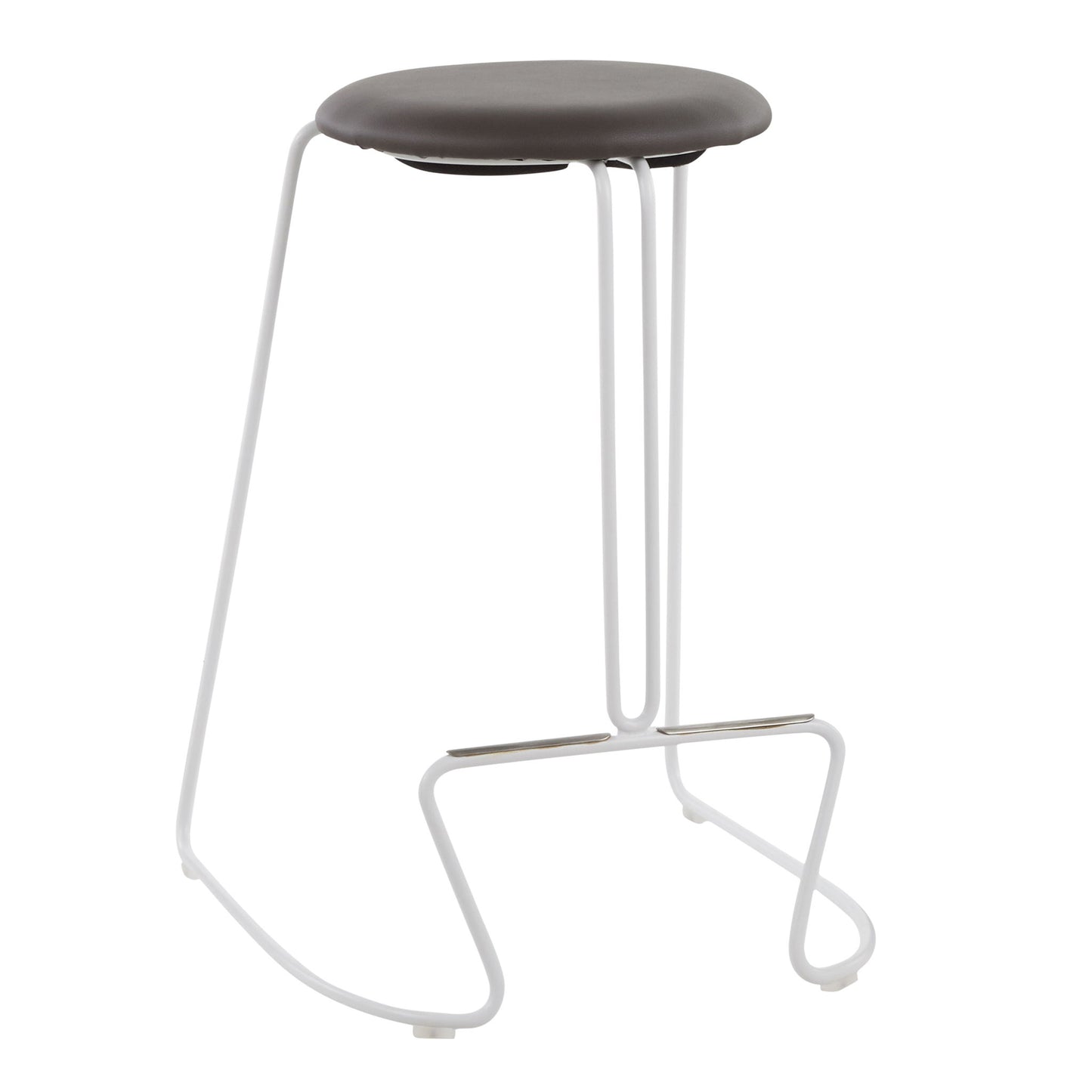 The Finn - Contemporary Counter Stool (Set of 2) features a round, padded dark seat atop a minimalist white metal frame with a curved footrest and sled-style legs.