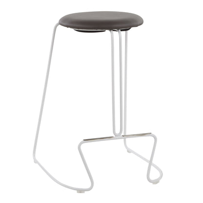 The Finn - Contemporary Counter Stool (Set of 2) features a round, padded dark seat atop a minimalist white metal frame with a curved footrest and sled-style legs.
