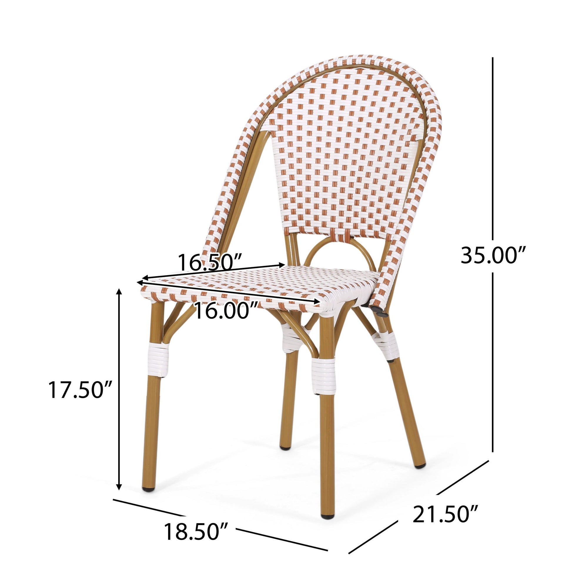 The Outdoor Rattan and Aluminum French Bistro Chairs Set features a brown and white checkered woven design. Dimensions: 35" height, 17.5" seat height, 16.5" seat width, 18.5" seat depth, and 21.5" overall depth.