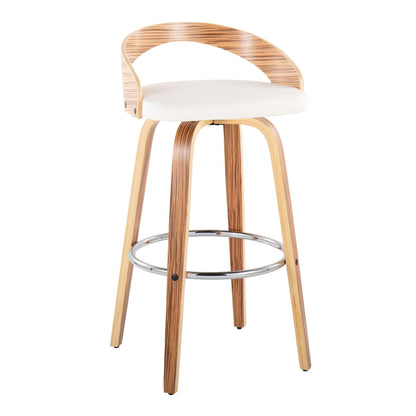 The Grotto Contemporary Fixed Height Barstool with Swivel features four curved wooden legs, a round chrome footrest, a white cushioned seat, and a curved wood backrest. Sold as a set of 2.