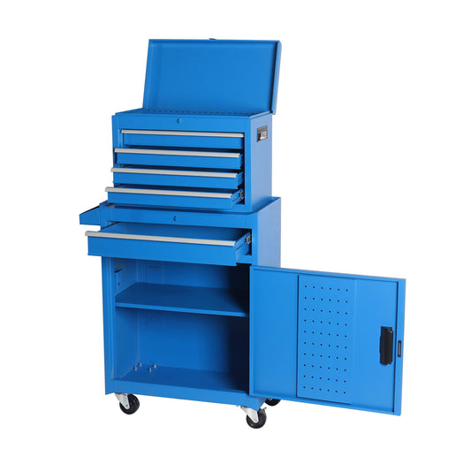The Tool Chest is a 5 drawer rolling tool storage cabinet with a detachable top tool box, liner, universal lockable wheels, adjustable shelf, and locking mechanism—perfect for garage or workshop organization.