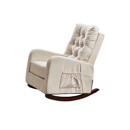 Single Sofa Reclining Japanese Chair—an adjustable beige upholstered rocking chair with tufted backrest, padded armrests, side pocket, and curved wooden rockers, perfect for tatami or balcony use, shown on a white background.