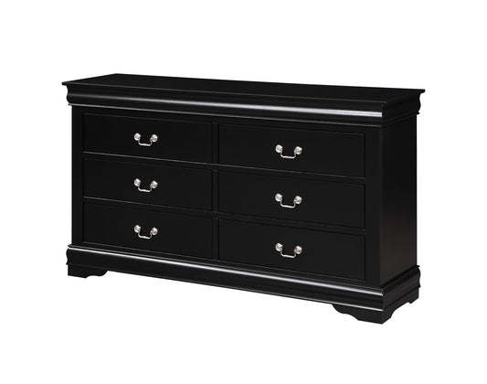 The Louis Philippe - Bedroom Dresser features a sleek black wooden design with six drawers, silver handles, decorative trim, and short curved legs for a classic yet modern look.