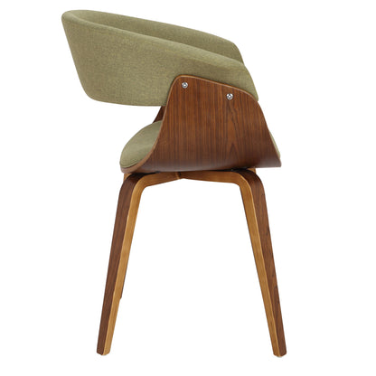 Side view of the Vintage Mod - Mid Century Modern Dining Chair (Set of 2) featuring green fabric upholstery, a wooden shell with curved legs, and visible metal screws.