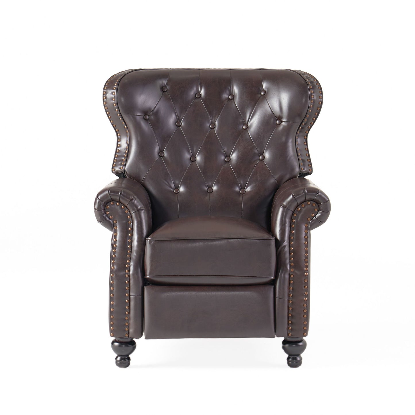 The Contemporary Style Push Back Recliner features button tufted stitching, nailhead trim, and rolled arms in dark brown leather, with wooden legs, displayed against a white background.