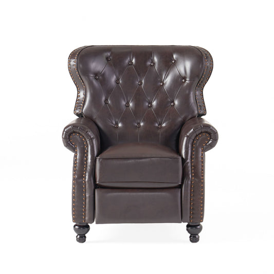 The Contemporary Style Push Back Recliner features button tufted stitching, nailhead trim, and rolled arms in dark brown leather, with wooden legs, displayed against a white background.