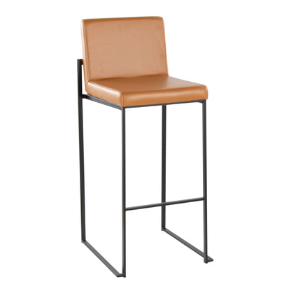 The Fuji Contemporary High Back Barstool features an elegant design with a tan leather cushioned seat and backrest, complemented by a minimalist black metal frame and footrest.