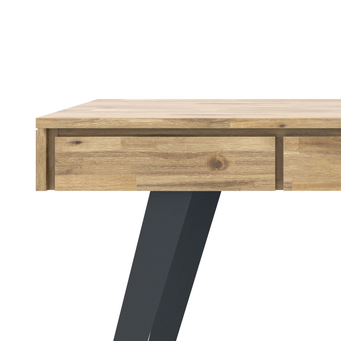The Lowry - Handcrafted Desk features a light natural wood finish, a single drawer, and black angled metal legs, shown close-up against a white background.