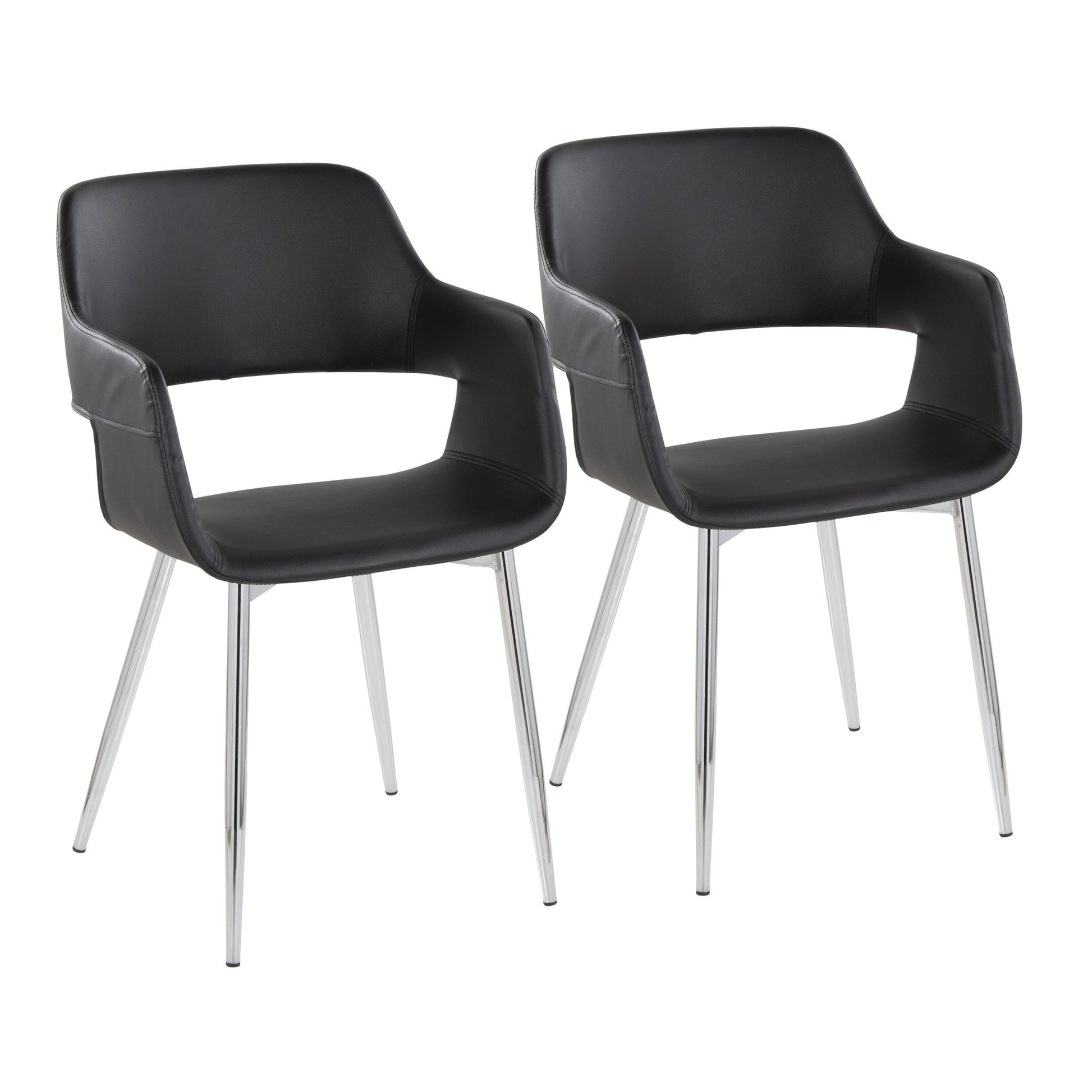 The Margarite Contemporary Dining Chairs (set of 2) feature modern black curved armrests and backs, leather-like upholstery, open lower back sections, and four shiny metal legs each, shown side by side against a white background.