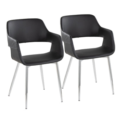 The Margarite Contemporary Dining Chairs (set of 2) feature modern black curved armrests and backs, leather-like upholstery, open lower back sections, and four shiny metal legs each, shown side by side against a white background.