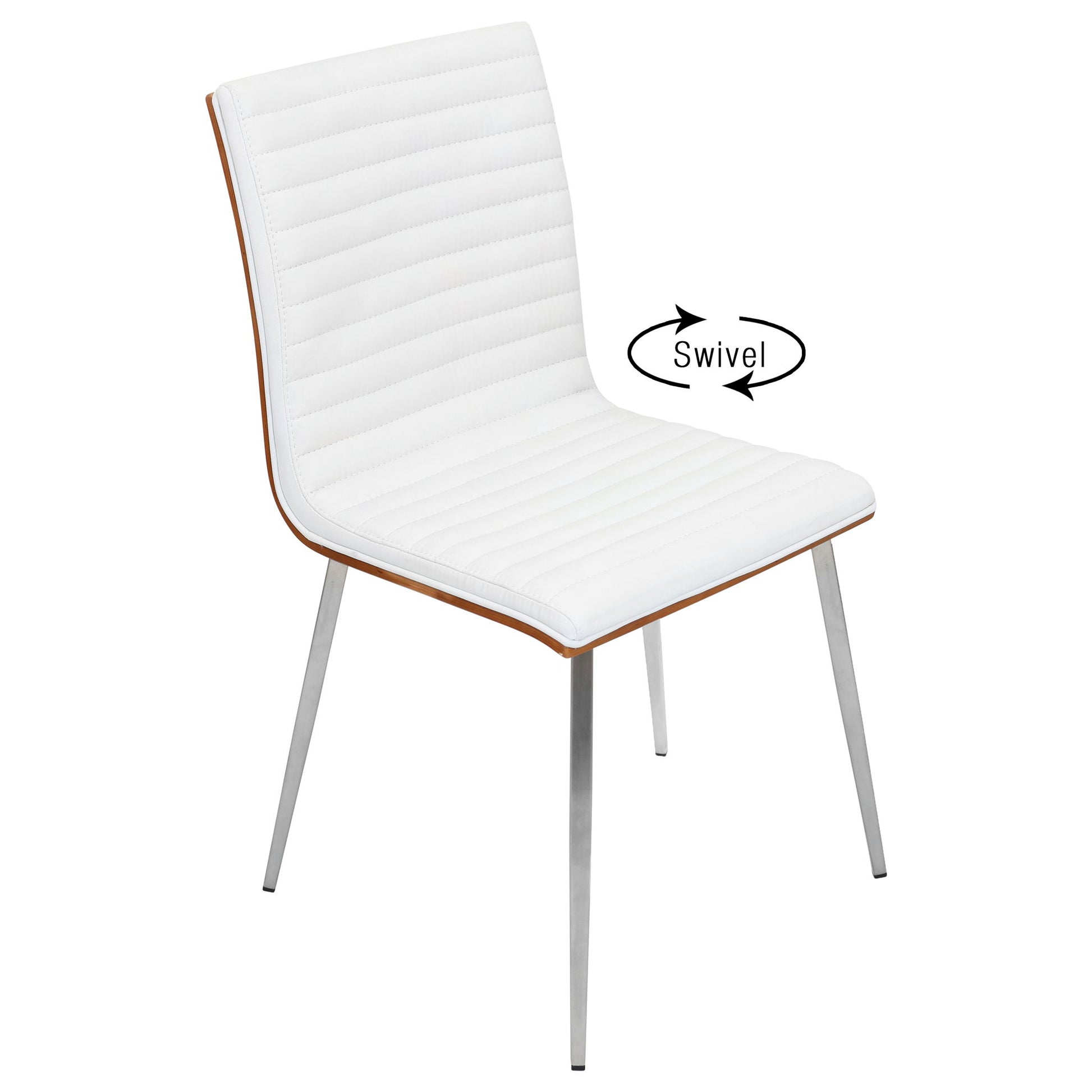 The Mason - Contemporary Dining Chair (Set of 2) features a white padded seat, horizontal-stitched backrest, metal legs, and a swivel function marked by a label with two arrows and "Swivel.