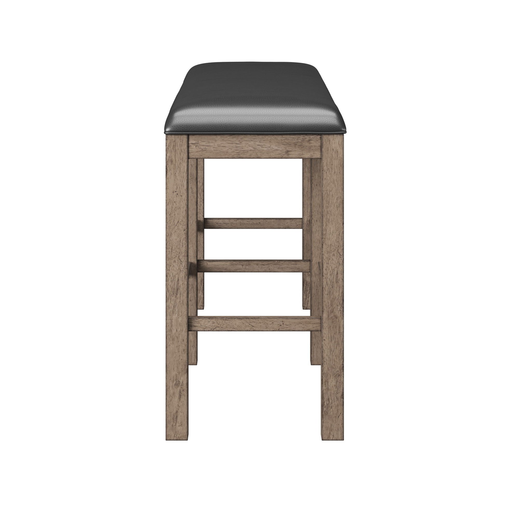 The Benti Bar Height Bench in Brown features a wooden frame with a padded dark seat cushion, rectangular seat, sturdy legs, and two horizontal support bars. Shown from the end against a plain white background.