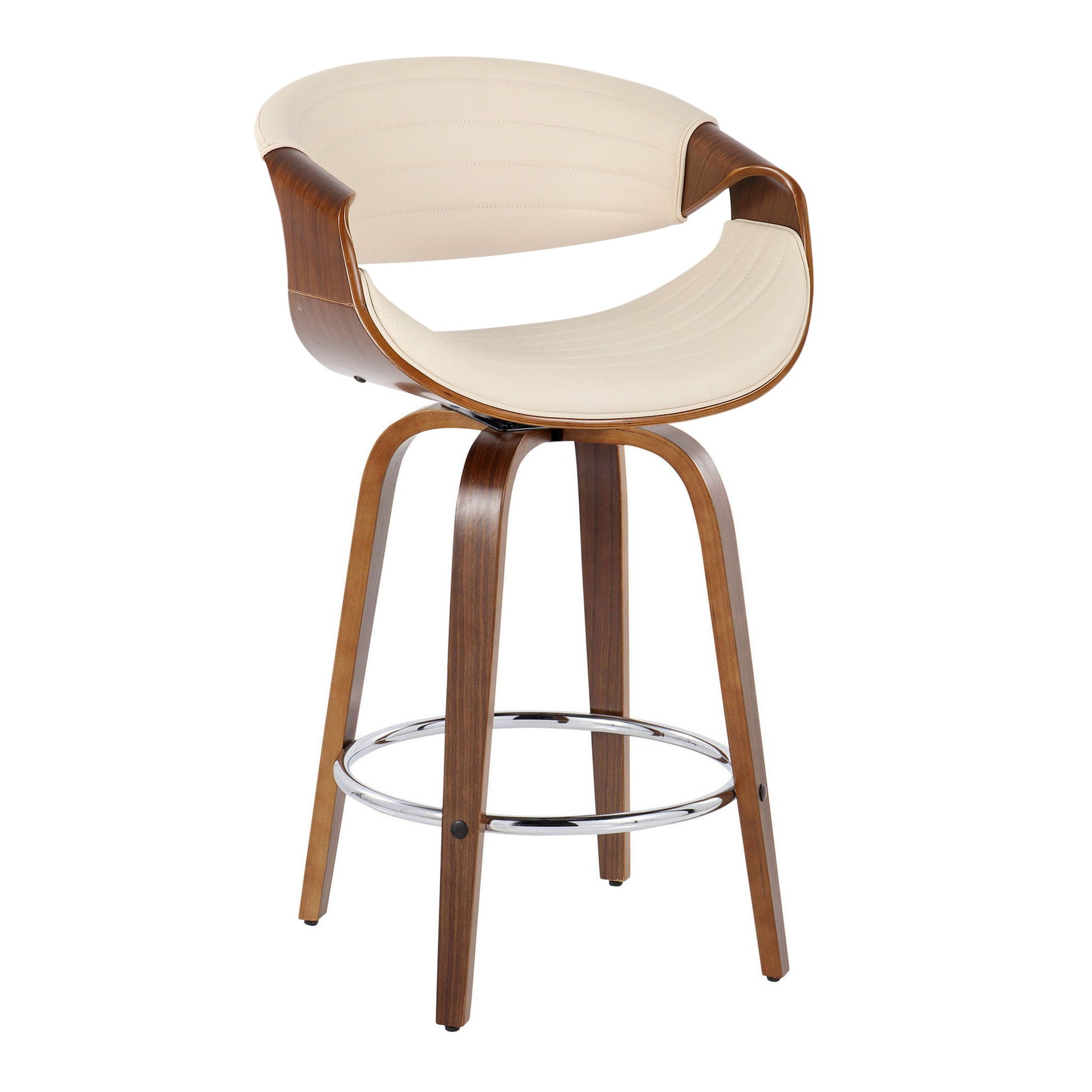 The Symphony Mid Century Modern Fixed Height Counter Stool, sold as a set of 2, features a curved wooden frame, cream upholstered seat and backrest, four angled wooden legs, and a round chrome footrest.