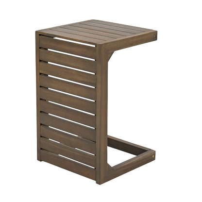 An aluminum outdoor C-shaped side table for patio use, featuring a rectangular top, open frame design, and a sleek finish.