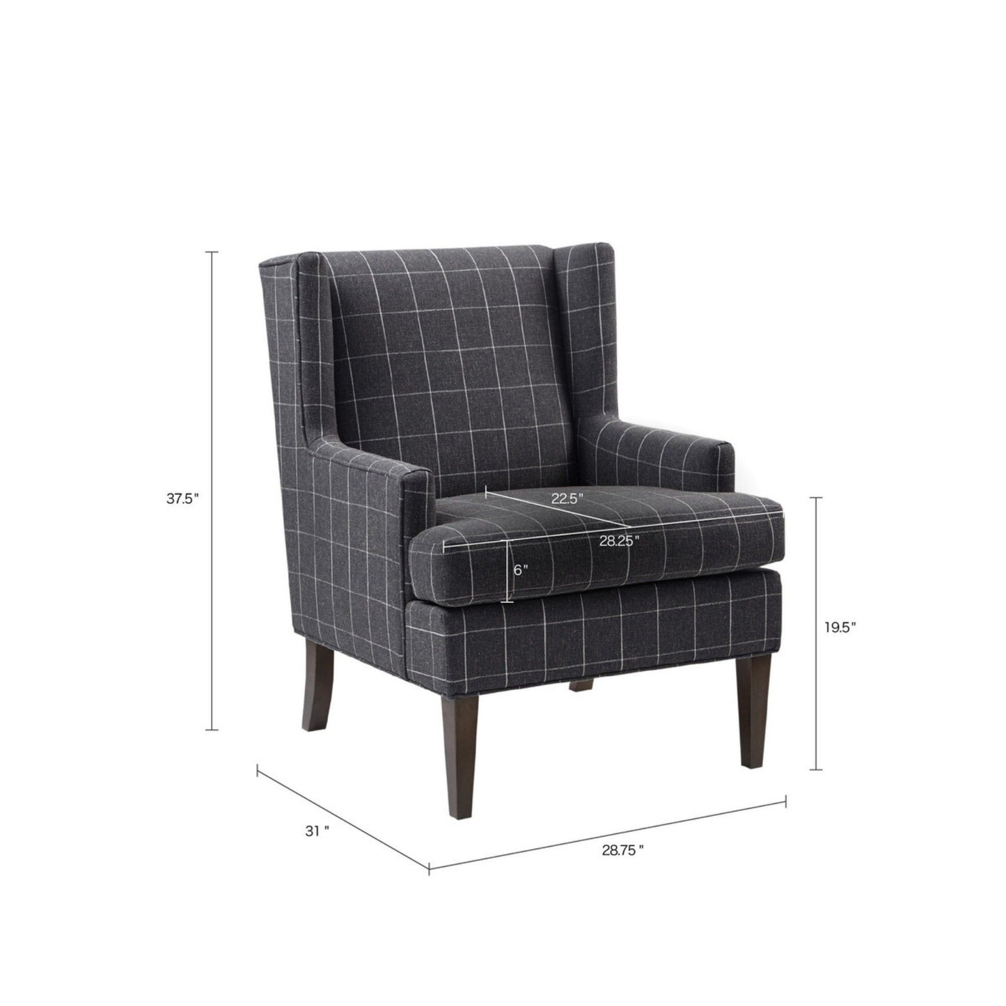The Fancy Design Farmhouse Accent Chair features dark gray upholstery with a white grid pattern, high back and armrests. Dimensions: 37.5"H x 31"D x 28.75"W; seat is 22.5"W x 28.25"D x 6" thick, seat height 19.5".