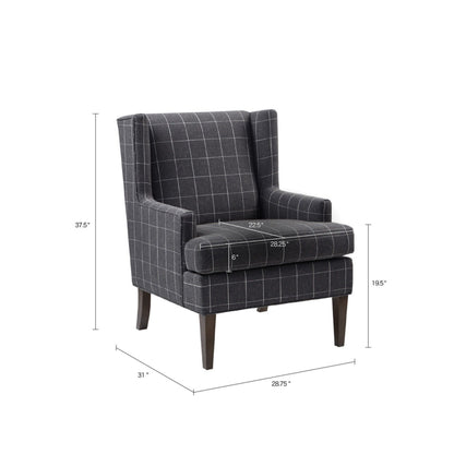 The Fancy Design Farmhouse Accent Chair features dark gray upholstery with a white grid pattern, high back and armrests. Dimensions: 37.5"H x 31"D x 28.75"W; seat is 22.5"W x 28.25"D x 6" thick, seat height 19.5".