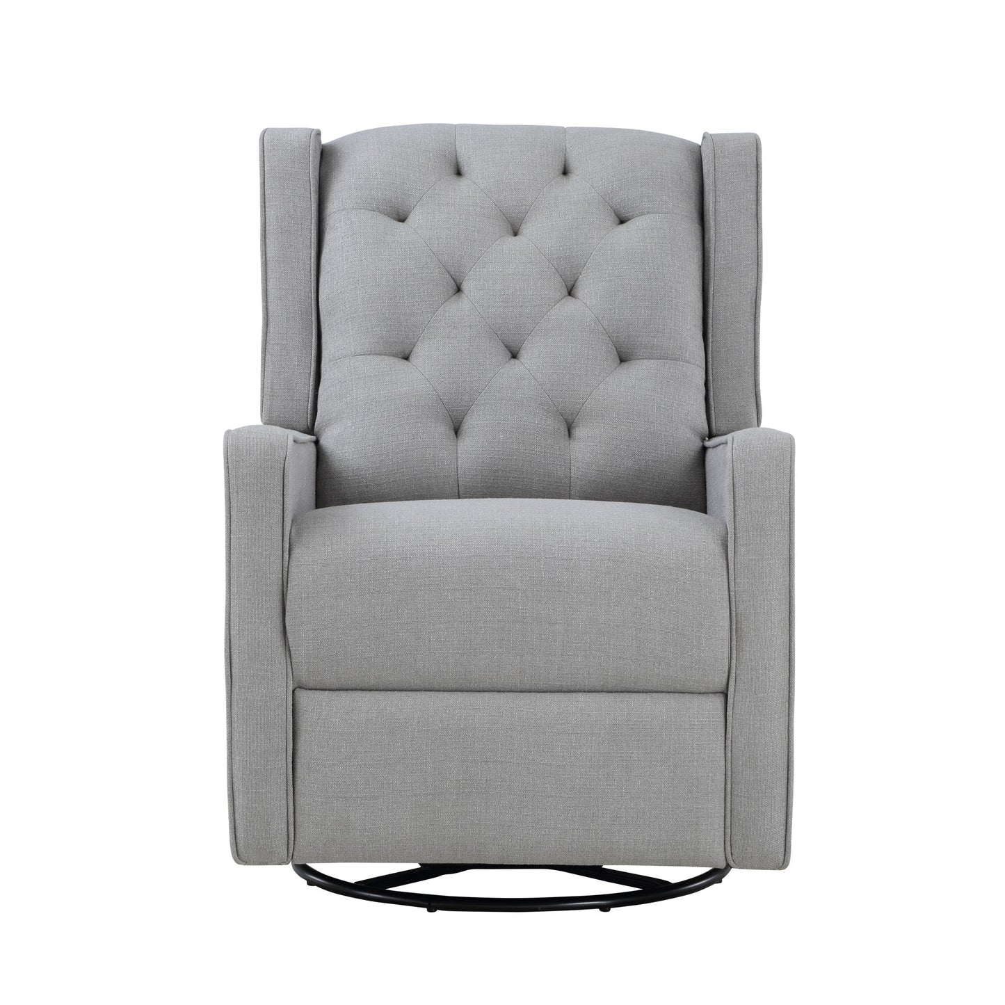 Front view of Milah - Gliding Swivel Recliner Tufted in light gray upholstery, featuring a tufted backrest, straight arms, and a circular swivel base, set against a white background.