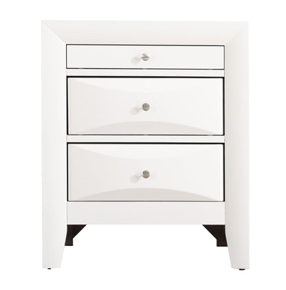 The Marilla Nightstand features a white finish, three drawers with sleek silver knobs, straight legs, and clean modern lines. The top drawer is smaller while the two lower drawers are larger with a subtle curved design.