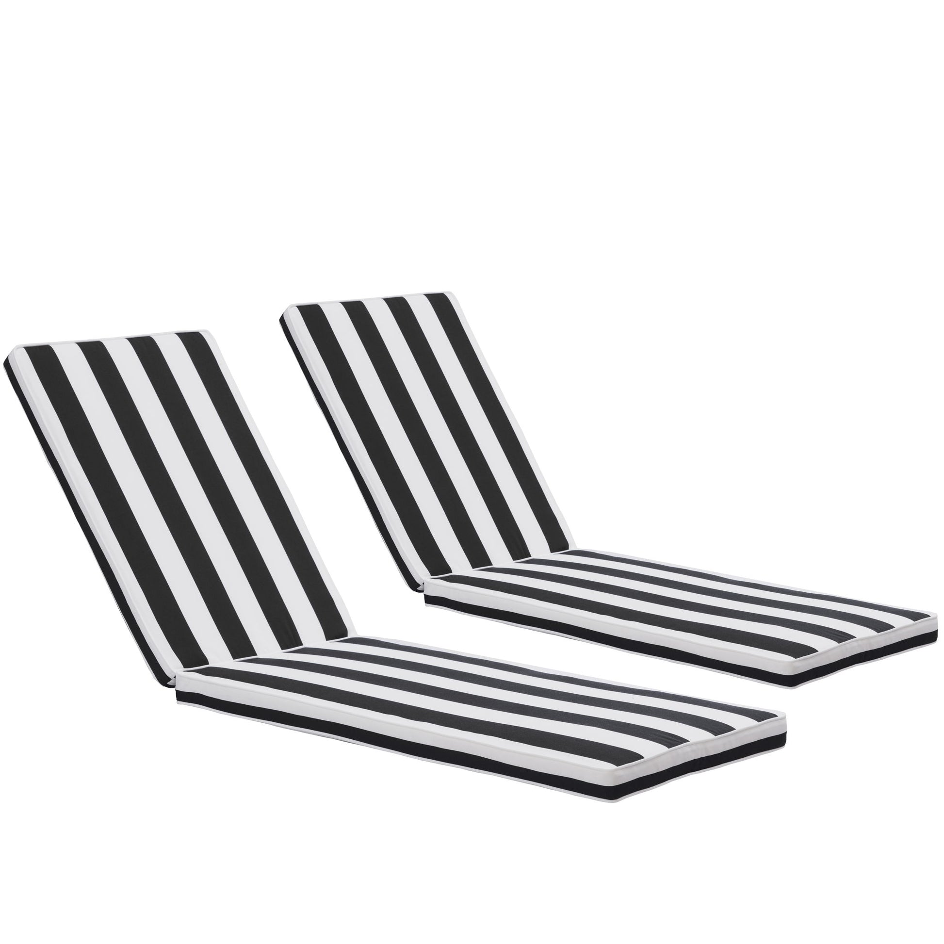 Two Outdoor Lounge Chair Cushion Replacement Patio Furniture Seat Cushions, black and white striped with adjustable backrests, are placed side by side on a white background.
