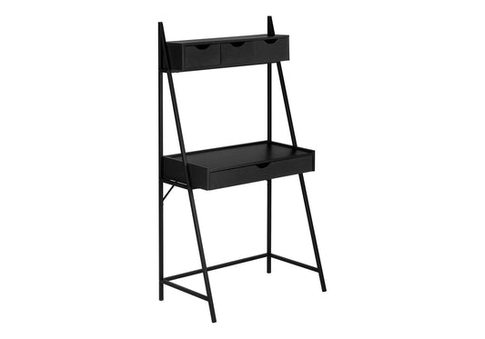 The Computer Desk For Home Office features a modern leaning design with two upper drawers, one spacious lower drawer, and slender metal legs—minimalist and functional for home or office use. Suitable for laptops and storage.