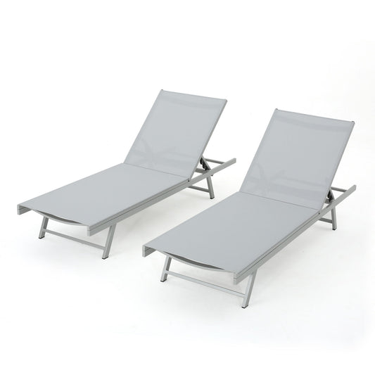 Two modern Salton - Chaise Lounge Outdoor Relaxation chairs in gray, featuring adjustable backrests, are placed side by side on a white background.