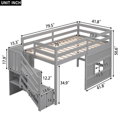 Loft Bed With Storage Staircase, Window & LED Light
