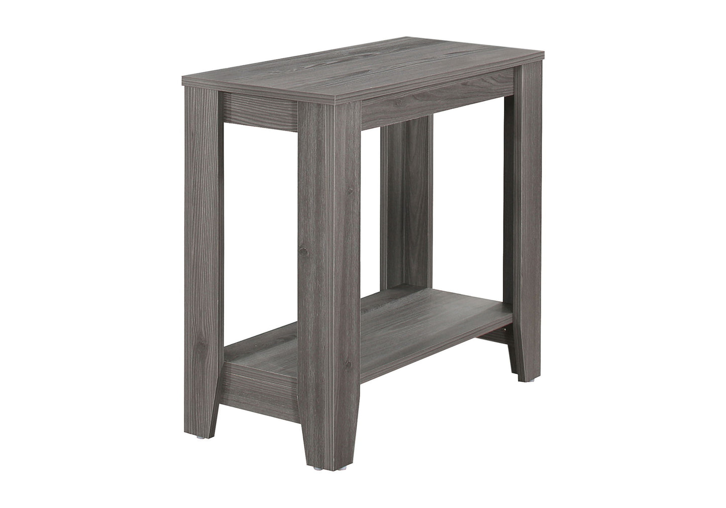 The Accent Table features a narrow, rectangular gray wooden design with straight legs and a lower shelf, combining elegance and transitional style for a simple yet modern look.