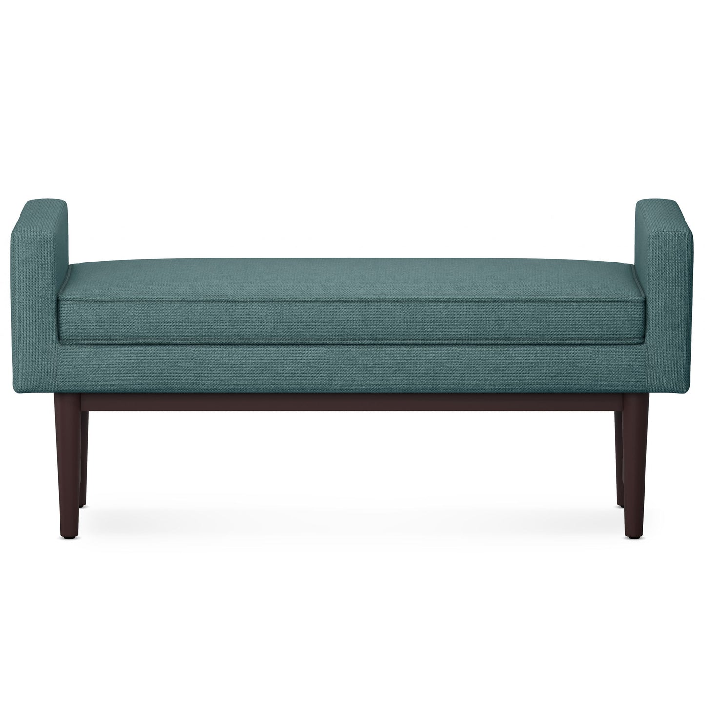 The Scott Upholstered Ottoman Bench features teal fabric, low armrests on both sides, and dark wooden legs, displayed against a white background.