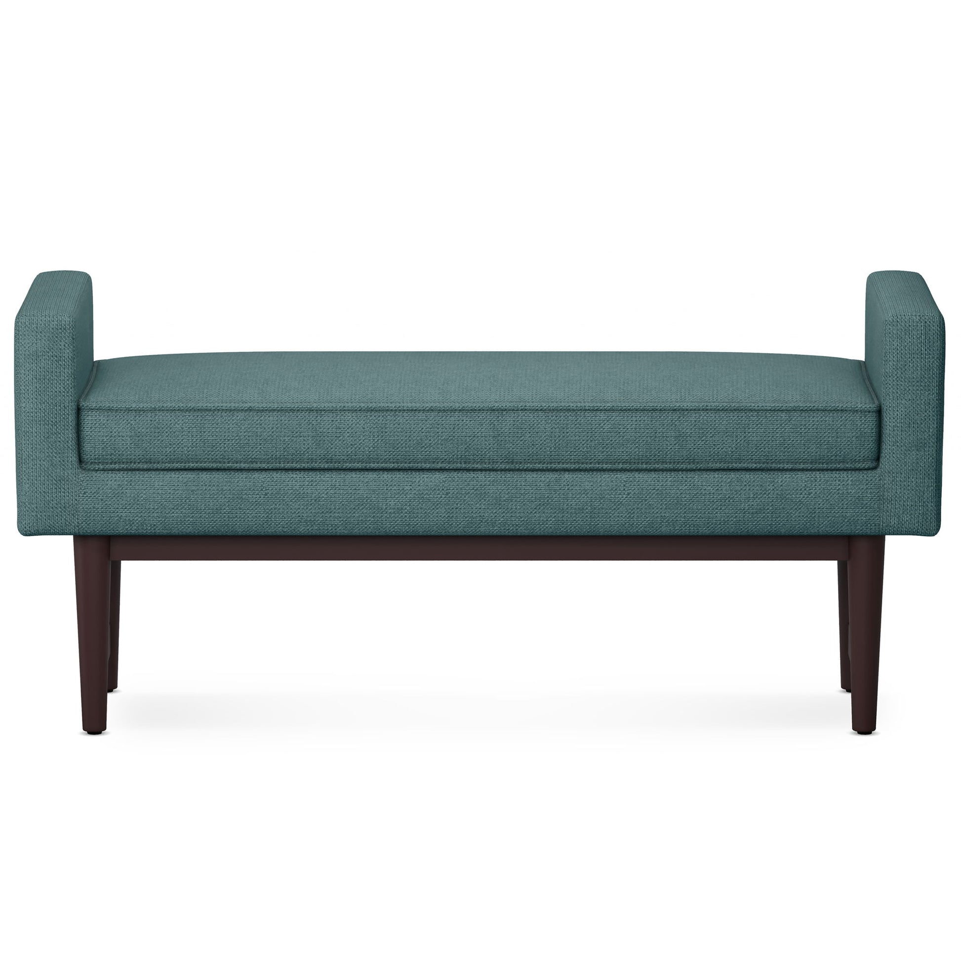 The Scott Upholstered Ottoman Bench features teal fabric, low armrests on both sides, and dark wooden legs, displayed against a white background.