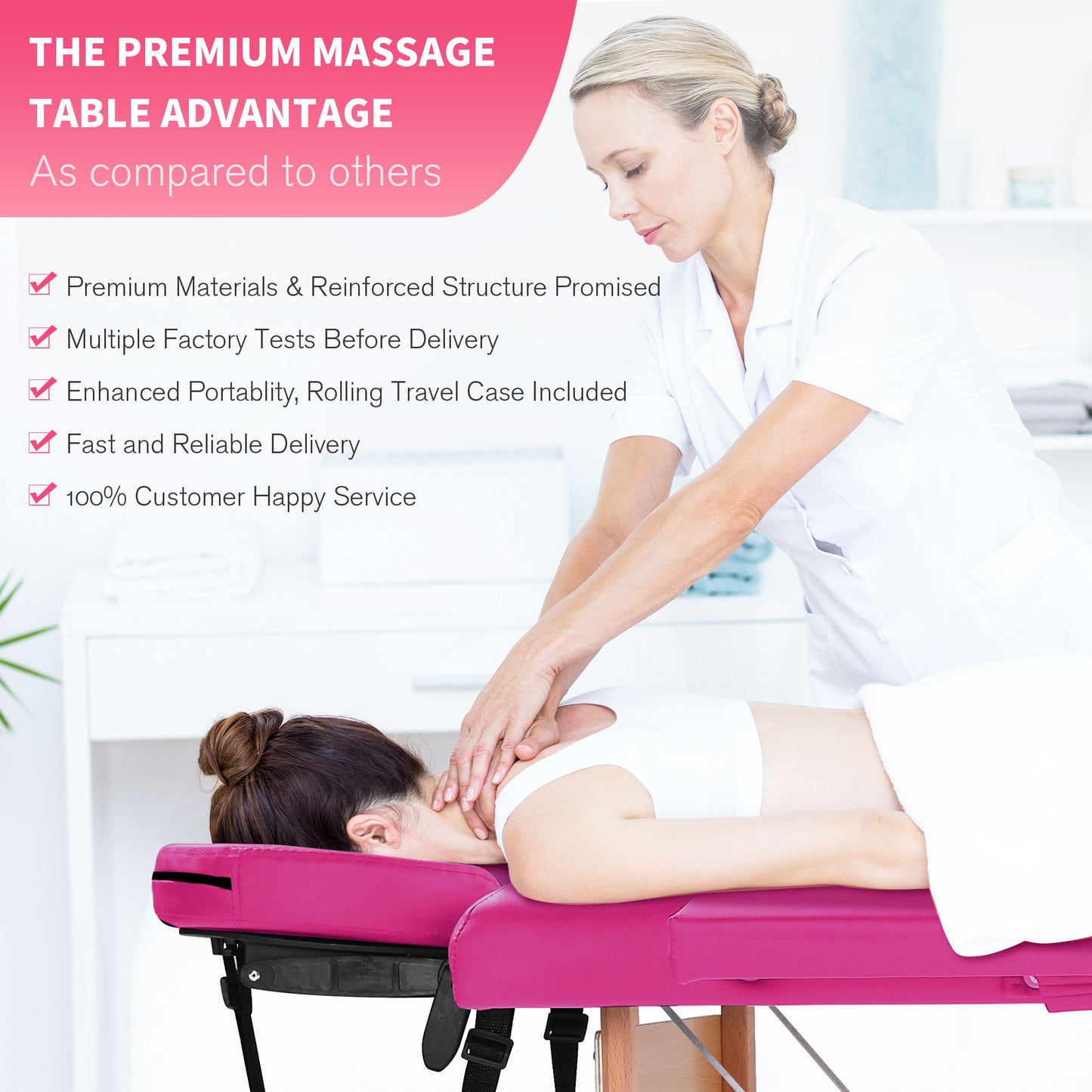 A woman in a white uniform gives a neck and shoulder massage to a person lying face down on the Massage Table Portable Massage Bed Lash Bed with Carrying Case – Rose. Text highlights its quality, height adjustability, easy portability, and excellent service.