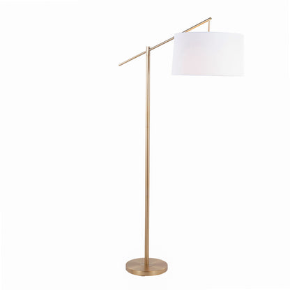 The Casper - Contemporary Floor Lamp features a gold metal stand, round base, and angled horizontal arm with a large white cylindrical lampshade. Set against a plain white background.