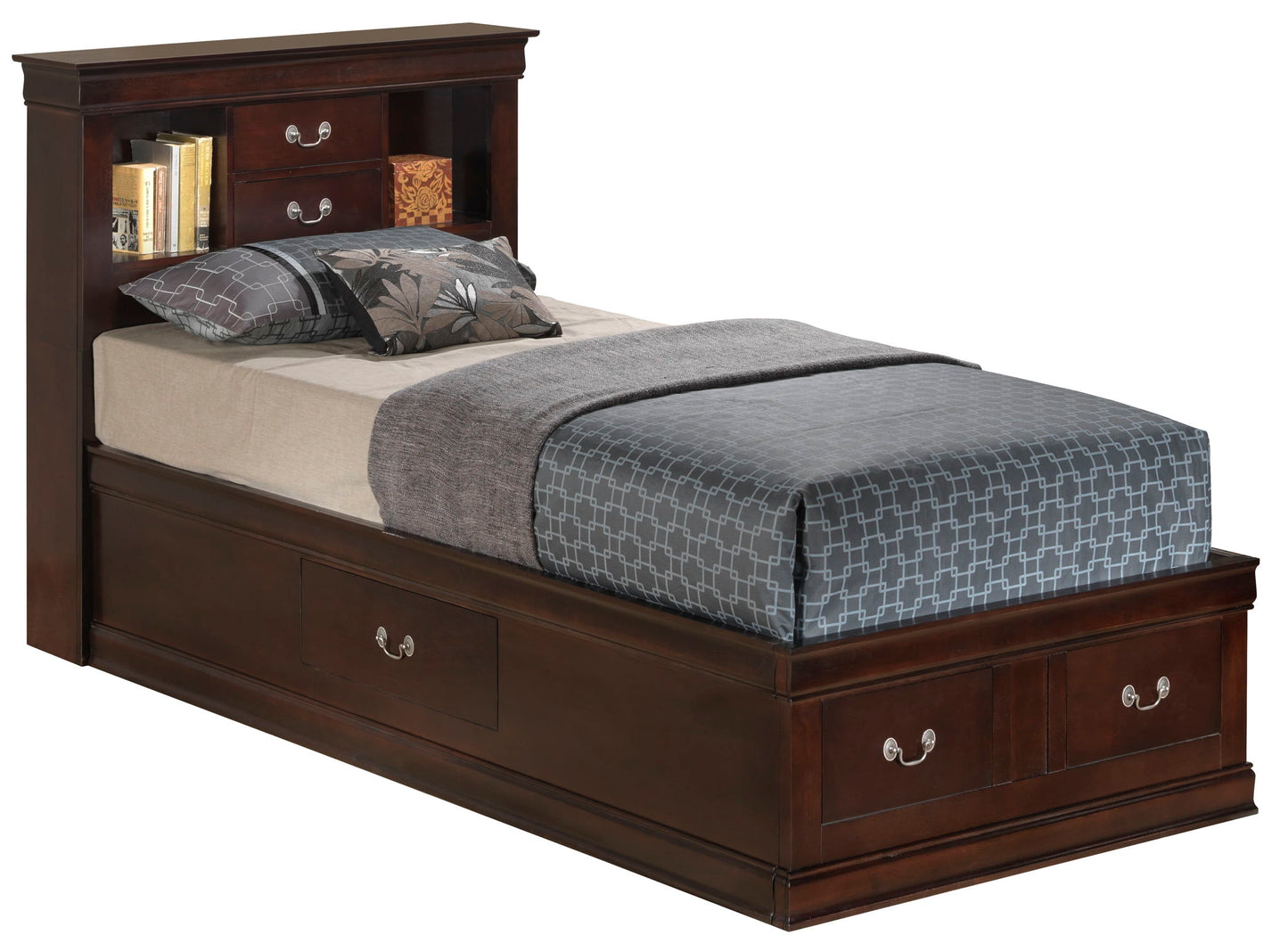 The Louis Phillipe Bookcase Storage Bed features a headboard with shelves for books and decor, two drawers, gray and white bedding, and storage drawers built into the bed frame.