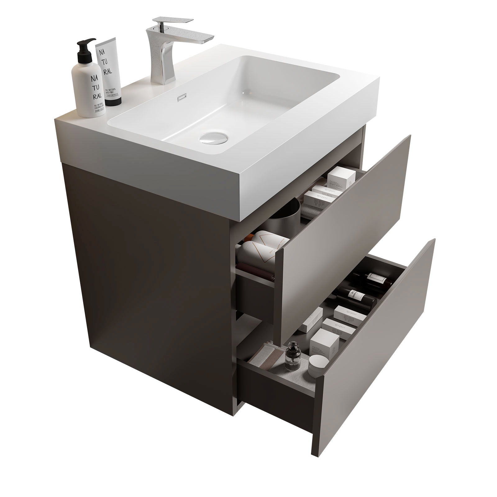 The Alice Bathroom Vanity features a white one-piece sink basin atop two spacious drawers for organized toiletries, bottles, and towels. A soap dispenser and two containers sit on the countertop of this modern, wall-mounted floating vanity.