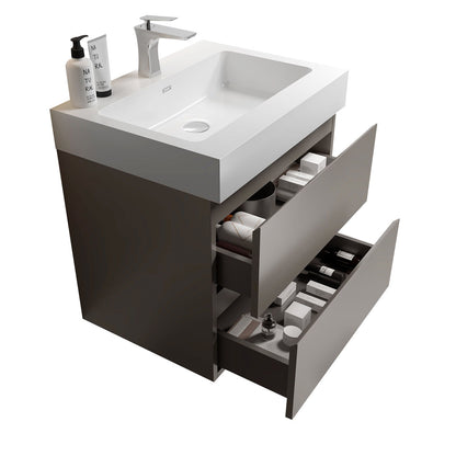 The Alice Bathroom Vanity features a white one-piece sink basin atop two spacious drawers for organized toiletries, bottles, and towels. A soap dispenser and two containers sit on the countertop of this modern, wall-mounted floating vanity.