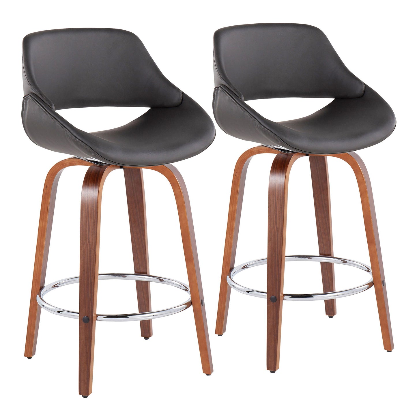 The Fabrico set includes two mid-century modern counter stools, each with curved wooden legs, a round metal footrest, and black faux leather cushioned seats featuring low, rounded backs.