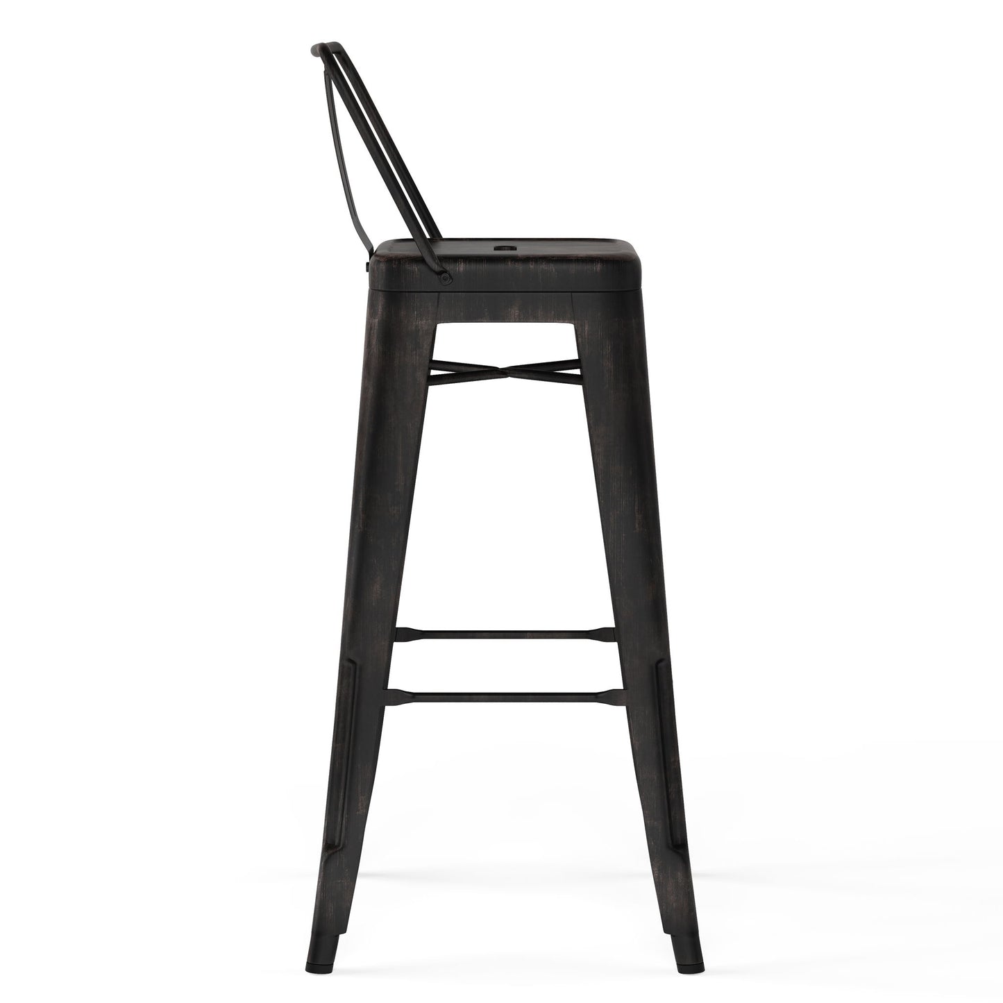 Side view of the Rayne - Curved Back Metal Stool (Set of 2), a tall black stool with slim legs, crossbars for support, a flat seat, and a thin backrest. Features a minimalist industrial design against a white background.