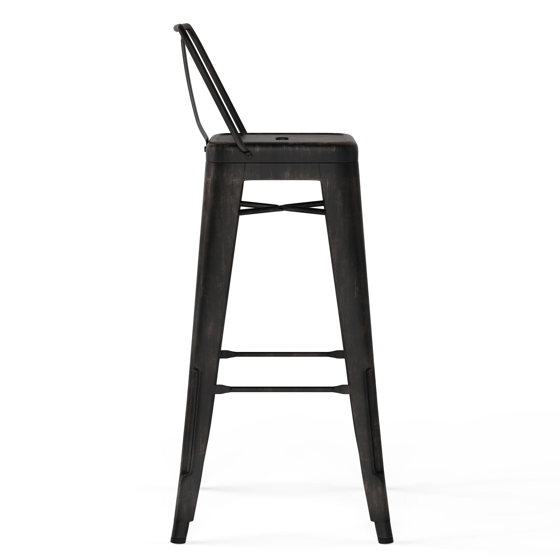 Side view of the Rayne - Curved Back Metal Stool (Set of 2), a tall black stool with slim legs, crossbars for support, a flat seat, and a thin backrest. Features a minimalist industrial design against a white background.
