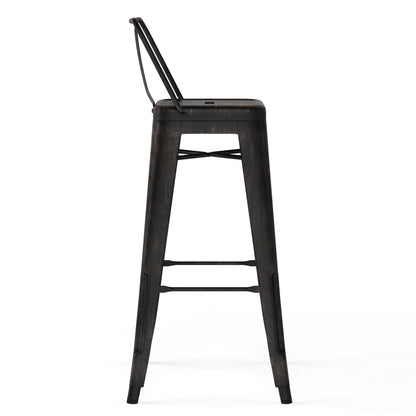 Side view of the Rayne - Curved Back Metal Stool (Set of 2), a tall black stool with slim legs, crossbars for support, a flat seat, and a thin backrest. Features a minimalist industrial design against a white background.