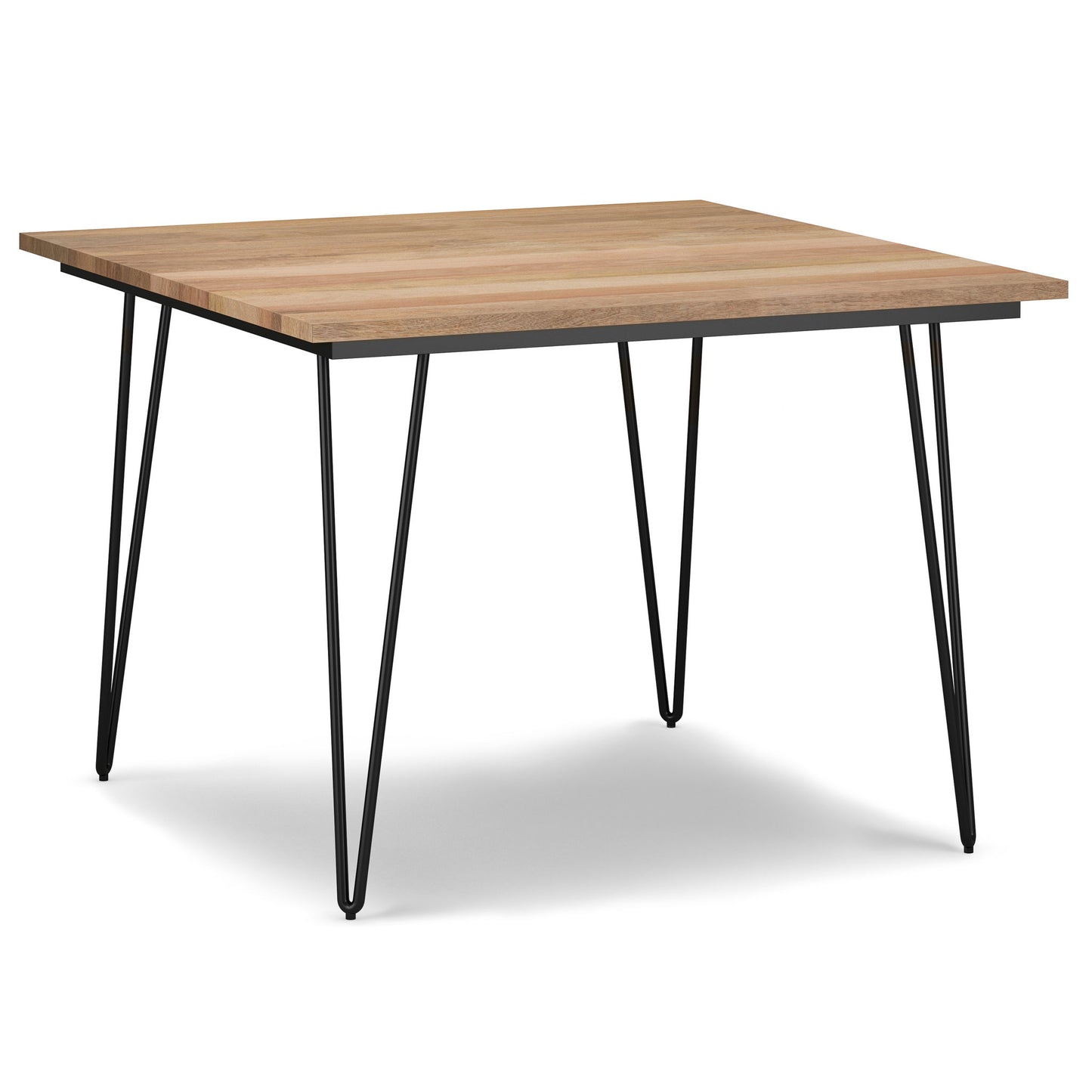 The Hunter Square Tabletop Dining Table features a light wood top and four black hairpin metal legs, displayed against a white background.