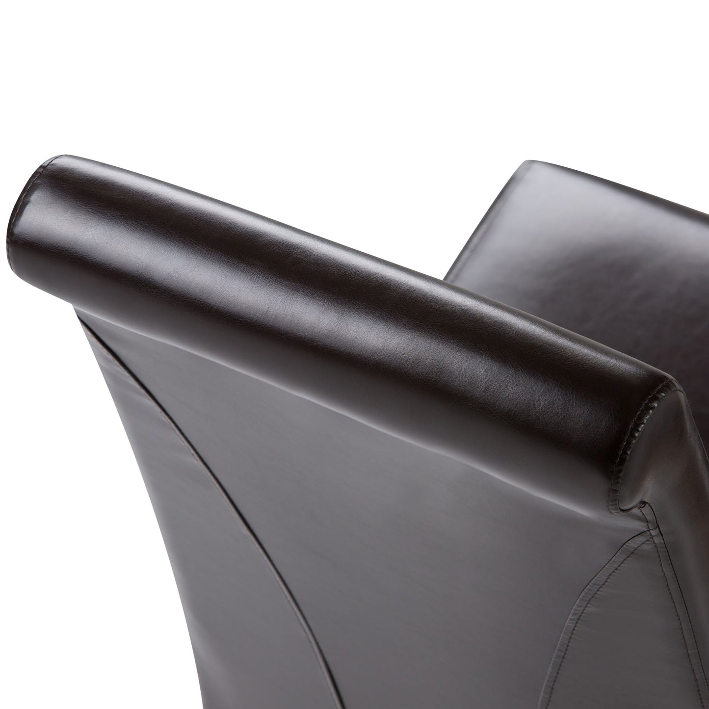 Close-up of the Avalon - Deluxe Parson Dining Chair (Set of 2) backrest in dark brown leather, highlighting its smooth, shiny upholstery and clean stitching details.