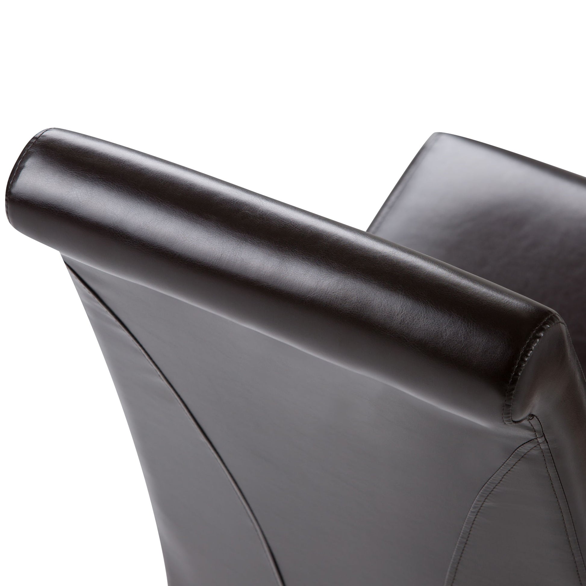 Close-up of the Avalon - Deluxe Parson Dining Chair (Set of 2) backrest in dark brown leather, highlighting its smooth, shiny upholstery and clean stitching details.